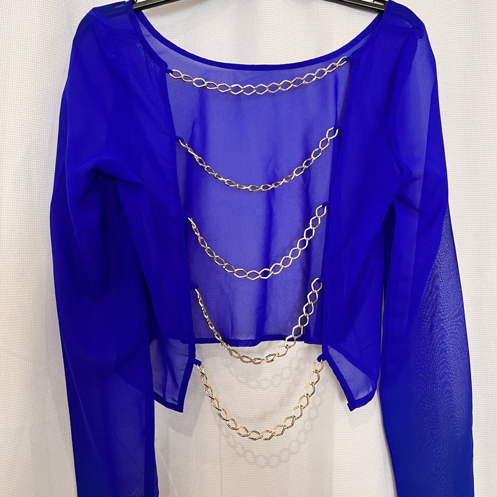 Charlotte Russe sheet electric blue top with gold chain link details